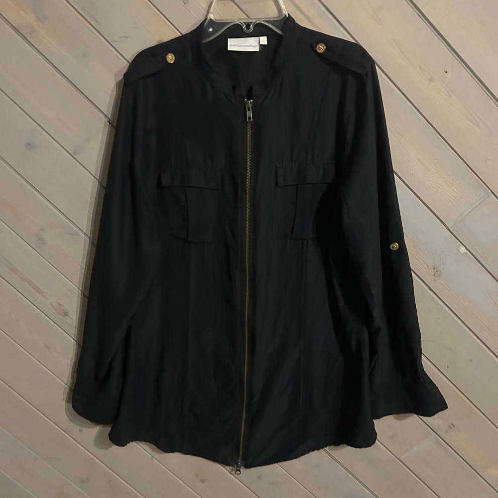 Soft Surroundings Womens Black Zip‎ Up Utility Shirt Jacket Medium Gold Buttons